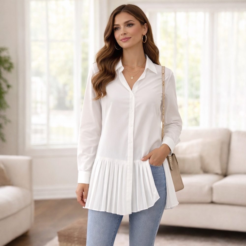 White Button Front Pleated Hem Long Sleeve Blouse Size Large Modern Classic